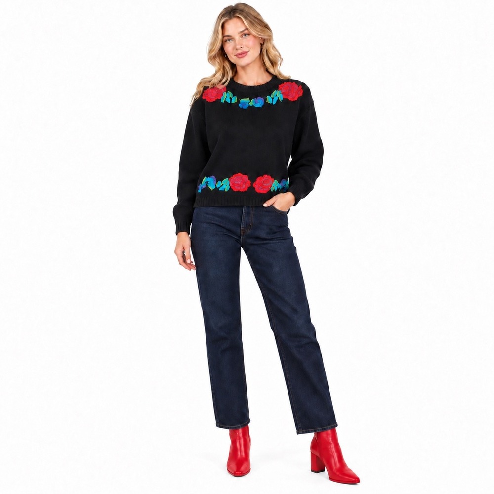 Vintage Nicole Curie 80s Womens M Beautiful Boho Folksy Rose Embroidered Sweater